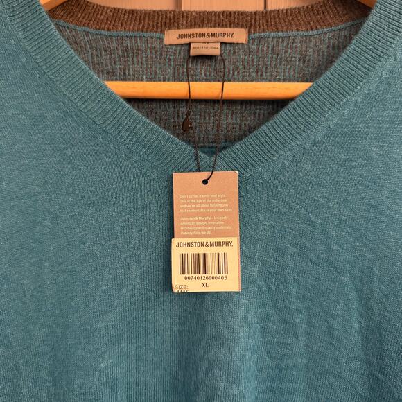 Johnston & Murphy Men’s XL Silk Angora Nylon Blend V-Neck Sweater Teal NWT - Picture 3 of 10